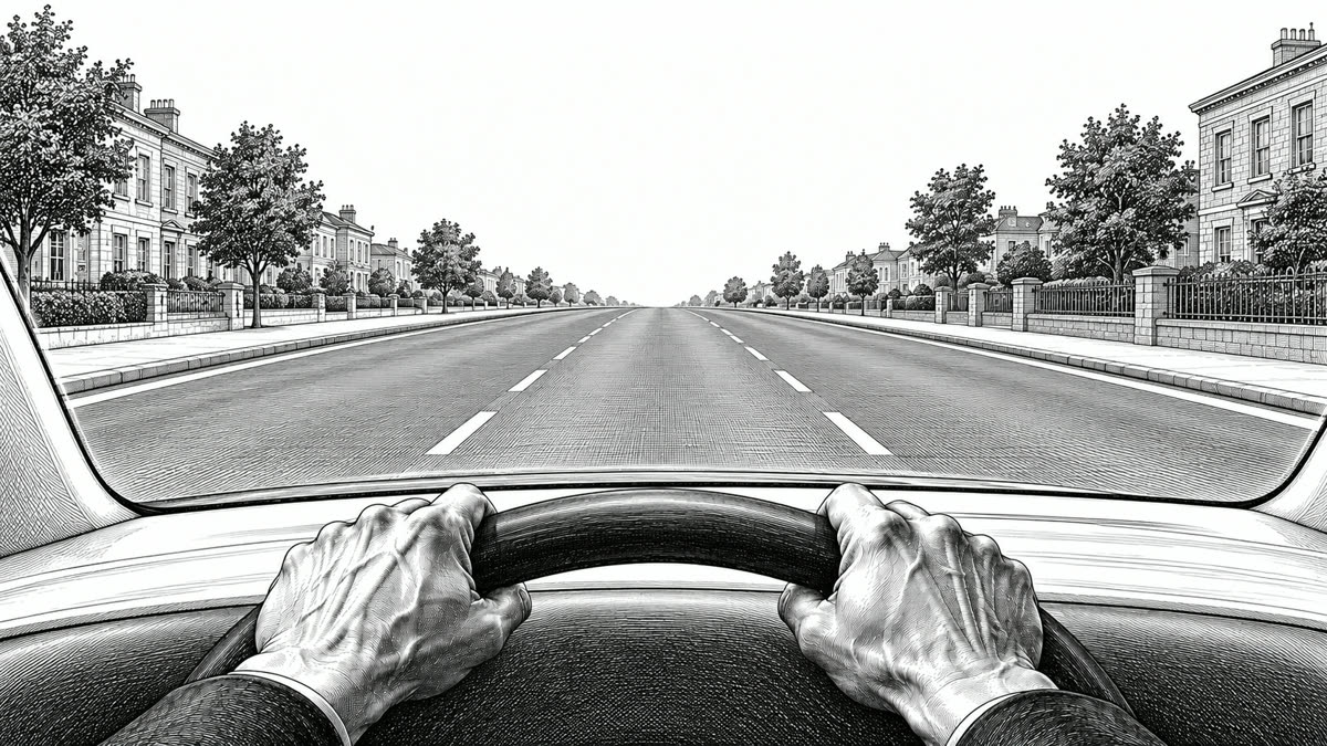 An etching of a driver's hands on a steering wheel, an empty road ahead