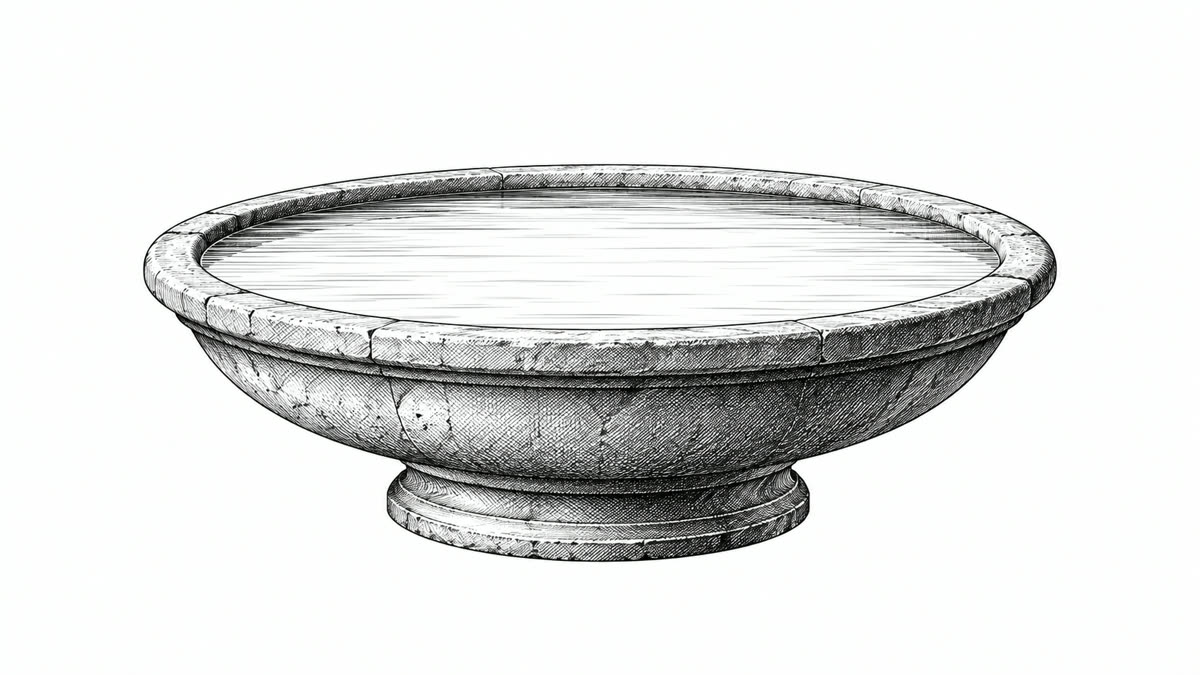An etching of a stone basin of still water